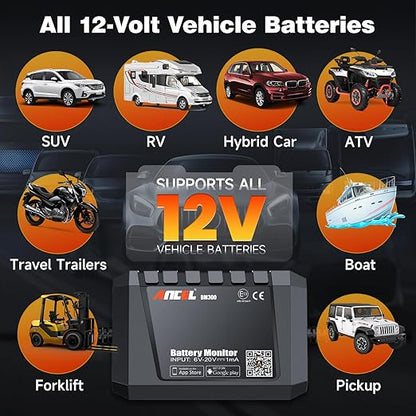ANCEL BM300 12V Battery Monitor, Bluetooth 4.0 Automotive Voltmeter with Charging, Cranking System Test & Alarm - Compatible for Solar Power Systems, RVs, Motorcycles, Boats, Cars, and Trucks
