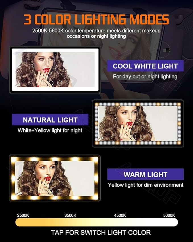 Car Sun Visor Vanity Mirror Compatible for Tesla Model 3 Y S X, Makeup Mirror with 3 Light Modes, Dimmable Touch Screen, Rectangular White, Car Vanity Mirror with Lights