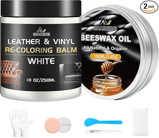 Leather Repair Kit Recoloring Balm Cleaner Conditioner Waterproof Beeswax Oil for Car Seat Furniture Couch Shoe Leather Vinyl(White)
