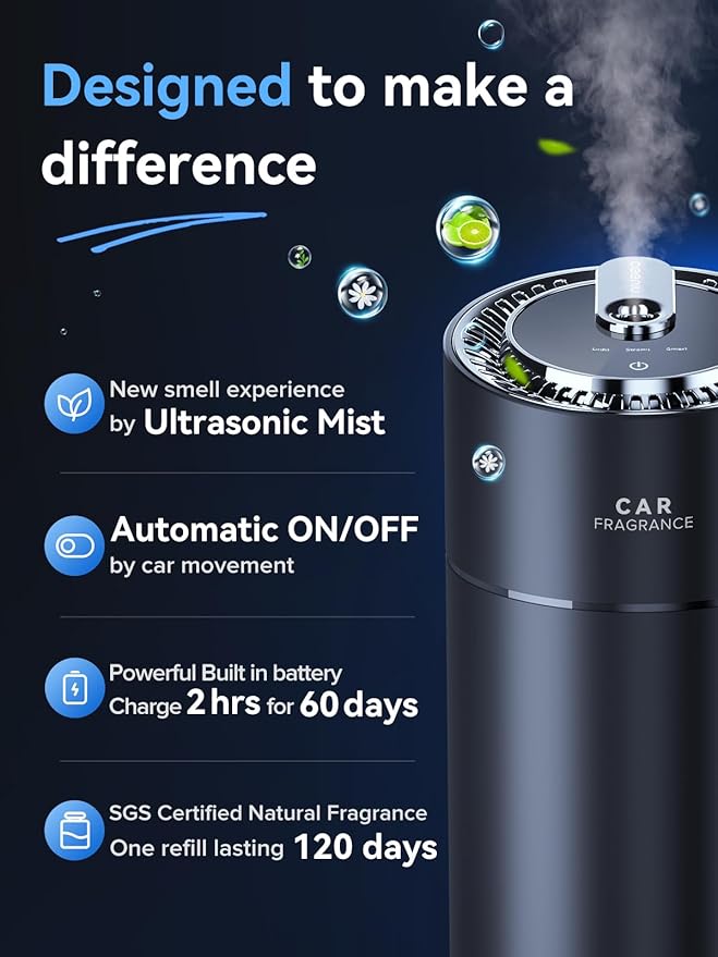 Ceeniu Smart Car Air Fresheners, New Smell Experience By Ultrasonic mist, Auto On/Off, Natural Fragrance Lasts for 4 Months, Adjustable, Built-in Battery Car freshener