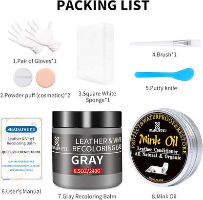 8.5oz Leather Recoloring Balm with 100ml Mink Oil,Gray Leather Repair kit for Furniture and Car Interior,Leather Couch Scratch Repair,Leather Dye Paint,Mink Oil for Leather