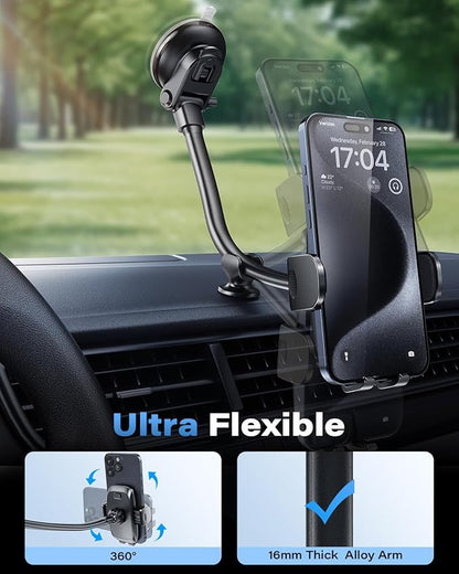 1Zero Solid Car Truck Phone Mount Holder with Thick Gooseneck Long Arm, Windshield Window Mobile Holders w/Industrial-Strength Suction Cup, Anti-Shake Stabilizer Compatible All Cell Phones, Black