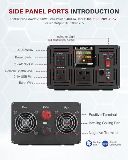 2000 Watt Inverter Pure Sine Wave DC 24V to 110V/120V AC Power Inverters with 3 AC Charger Outlets Car Solar Converter for Vehicles Home with LCD Display and 2.4A USB Charging Port