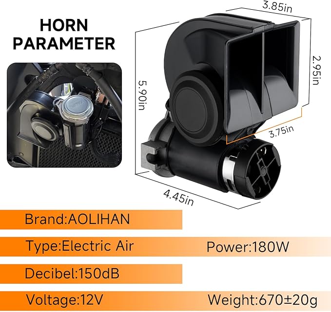Air Horn for Truck,Super High Pitched Train Horn for Car, Waterproof Snail Horn for Motorcycles, Cars, trucks, trains and ships(black horn with wire and button, 12v)
