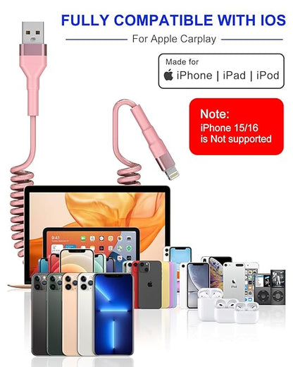 Pink Car Charger Cable - Coiled Lightning Cable for Apple CarPlay with 480Mbps Data Sync LED [MFi Certified], Fast Charging Short USB to Lightning Pink Retractable iPhone Charger Cord for Car
