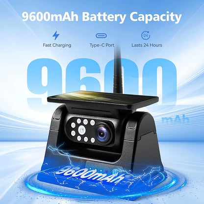 7" Magnetic Solar Wireless Backup Camera, HD 1080P 7" DVR Monitor, RV Camera Wireless System for Hitch Towing Travel RV Camper Trailer, 9600mAh Rechargeable Battery, Type-C Charging