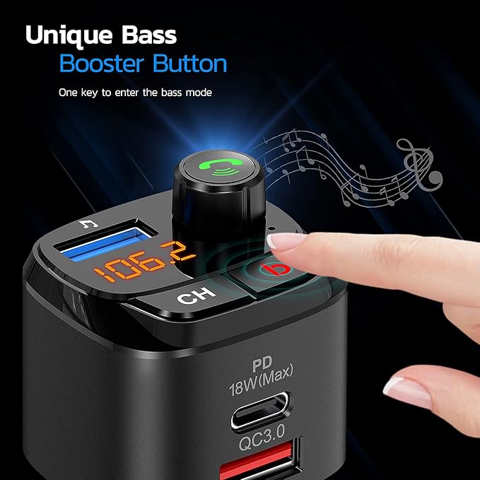 Nulaxy Bluetooth 5.0 FM Transmitter for Car, QC3.0 & USB-C PD 18W Wireless Bluetooth Radio Adapter Music Player Car Kit with Bass Booster, Hands-Free Calls-NX12