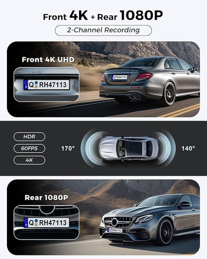 Dash Cam Front and Rear: 4K+1080P FHD Dual Dash Camera for Cars with Night Vision, 2 Channel HDR Dash Camera, 24H Parking Mode Car Camera, Built-in GPS, WiFi 6, Free 64GB Card