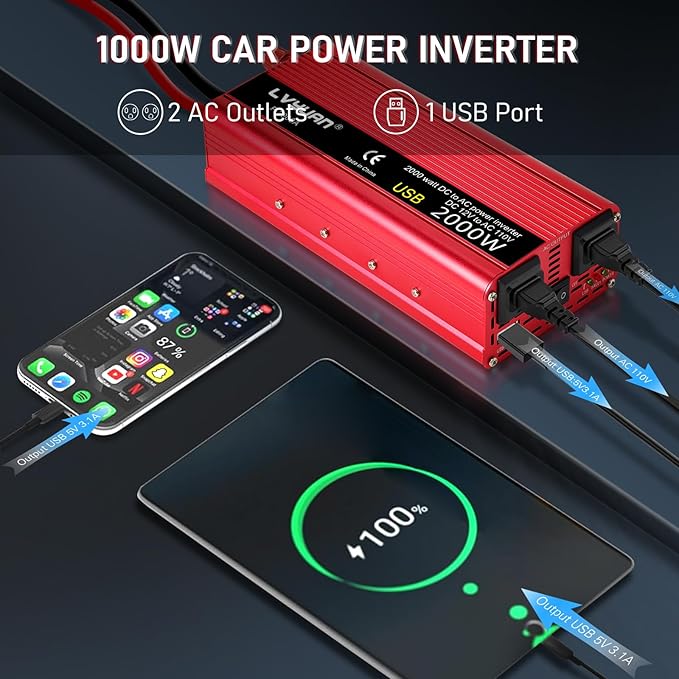 1000W Power Inverter 12V DC to 110V AC Car Plug Adapter Outlet Converter with Dual AC Outlet 3.4A USB 12 Volt Invertor Car Cigarette Lighter Inverter for Laptop Computer RV Truck