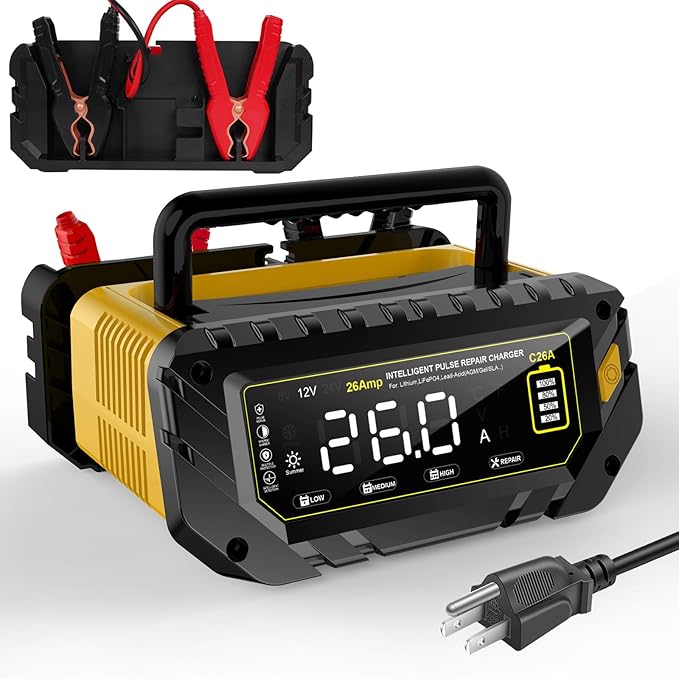 Battery Charger 0-26A 6V/12V/24V Lithium LiFePO4 Lead Acid, Fully Automatic Car Battery Maintainer, Smart Trickle Charger, Automotive w/Pulse Repair for AGM, STD, Gel, Deep Cycle Batteries ﻿