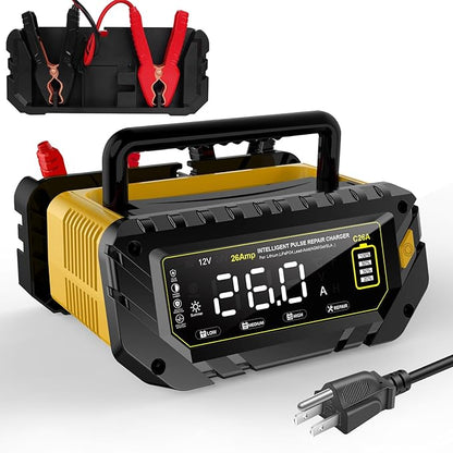 Battery Charger 0-26A 6V/12V/24V Lithium LiFePO4 Lead Acid, Fully Automatic Car Battery Maintainer, Smart Trickle Charger, Automotive w/Pulse Repair for AGM, STD, Gel, Deep Cycle Batteries ﻿