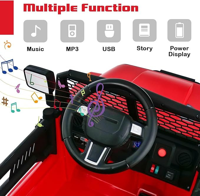 OLAKIDS Kids Ride On Truck, 12V Electric Vehicle Jeep Car with Remote Control, Toddlers Battery Powered Toy with 2 Speeds, Spring Suspension, Double Open Doors, LED Lights, Music, TF,USB, Mp3 (Garnet)