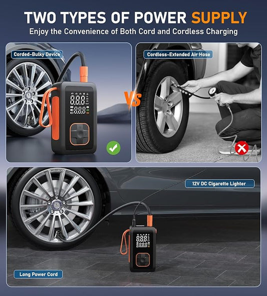Tire Inflator Portable Air Compressor, 180PSI & 15000mAh Cordless Air Pump for Car Tires with Pressure Gauge, 3X Faster Tire Pump with Cigarette Lighter Plug for Car, Motorcycle, Bicycle, Ball(Black)