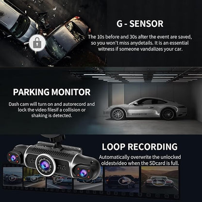 360° Dash Cam Front and Rear View 4 Channel Dash Camera FHD 2K+1080Px3 for Car, Inside/Back 170°+2x150°+170° Wide Angle, 8 IR Lamps Night Vision,WiFi,GPS, APP,G-Sensor with 64GB Card,24/7 Parking Mode