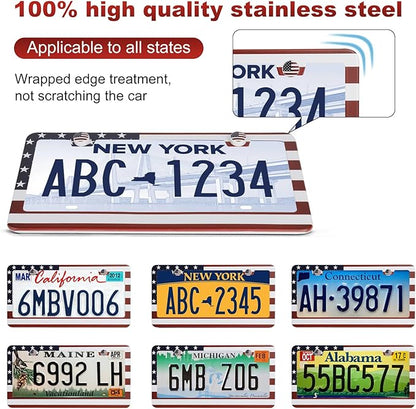 2 Pack License Plate Frames, Stainless Steel Car License Plate Cover Car Accessories with Screw Caps (Red and Blue)
