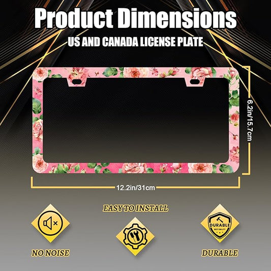 Watercolor Roses License Plate Frame Pink Floral Flower License Plate Holder for Women Car Decorative Stainless Steel Colorful License Plate Flowers Auto Parts with Screws 12.2" x 6.2"
