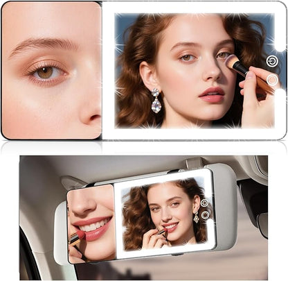 Car Sun Visor Vanity Mirror with Lights & 20X Magnification, Led Light up Makeup Mirror for Sun Visor, Rechargeable 3 Colors Dimming Light, Universal Accessories for Car SUV Truck