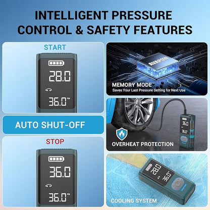 AVAPOW AP18 Tire Inflator Portable Air Compressor, 300% Faster 150 PSI Cordless Air Pump with Tire Pressure Gauge, 3.7″ Dual LCD Screen, Auto-Shuts Off Tire Pump for Car, Motorcycle, Bicycle, Cyan