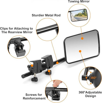 Clip-On Mirror Extenders for Towing - 360° Adjustable Side Mirror Extensions with Flat Locking Design，Tool-Free Installation compatible with RV, SUV, Trucks, Vans, Trailers (1 Pair)