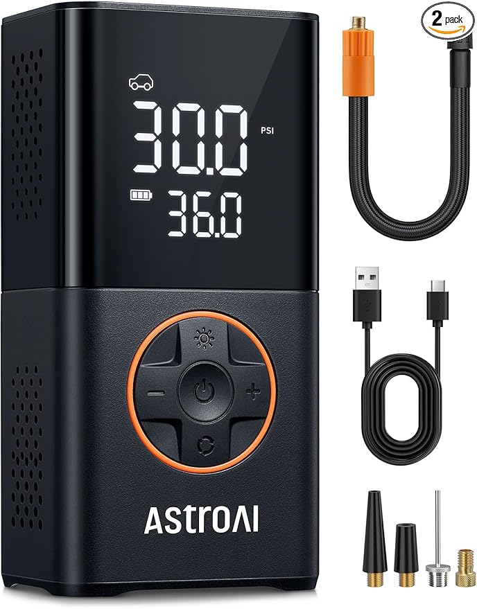 AstroAI L7 Tire Inflator Portable Air Compressor Cordless-2pack Bike Pump with Digital Dual Values Display, 150 PSI Car Tires Pump with LED Lights Air Pump for Cars, Motorcycles, Bikes, Balls
