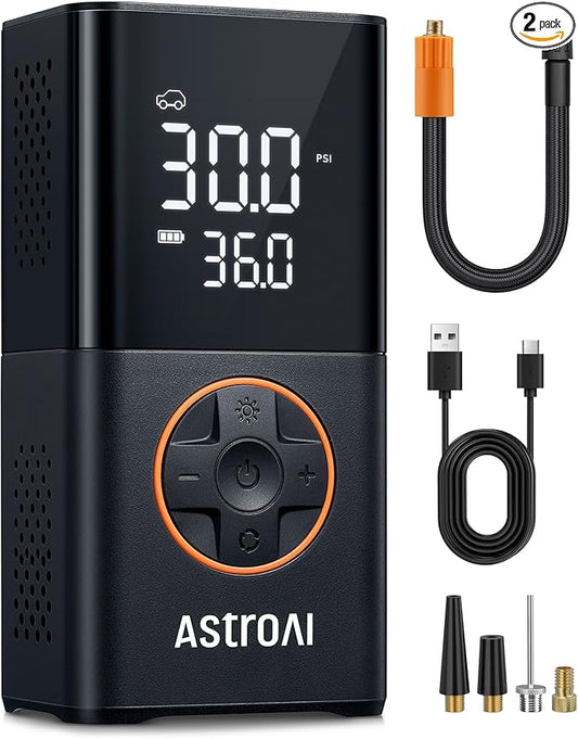 AstroAI L7 Tire Inflator Portable Air Compressor Cordless-2pack Bike Pump with Digital Dual Values Display, 150 PSI Car Tires Pump with LED Lights Air Pump for Cars, Motorcycles, Bikes, Balls