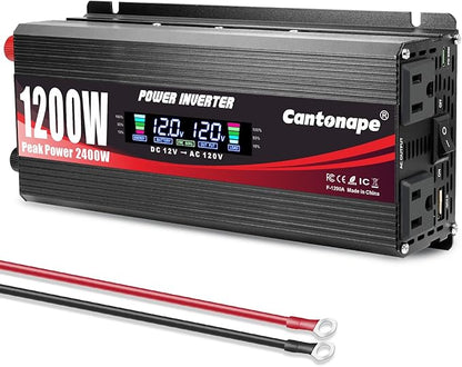 1200W/2400W(Peak) Power Inverter DC 12V to 110V/120V AC Converter with LCD Display Dual AC Outlets 3.0A USB and Type-C Car Inverter for Truck Vehicles Laptop Trip