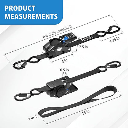 HandT USA Based Retractable Ratchet Straps (4PK) 1in x 6ft - 1,500lb Break Strength, Heavy Duty Automatic Ratchet Straps Self Retractable Tie Down, Push Button Retracting Truck Trailer Cargo | Black