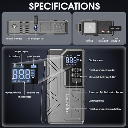 【New】 Lucklike Jump Starter with Air Compressor, 4000A Portable Car Battery Jumper Starter Pack for 10L Gas and 8L Diesel, Tire Inflator with Presssure Detection, 12V Jump Box with 3 Modes Flashlight