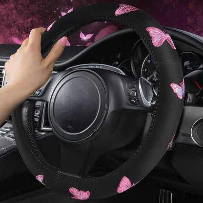 CAR PASS Pink Leather & Gaberdine Butterfly Car Seat Covers Full Set with Waterproof Car Floor Mats and Embroidered Butterflies Steering Wheel Cover for Interior Sets ((Black & Pink)