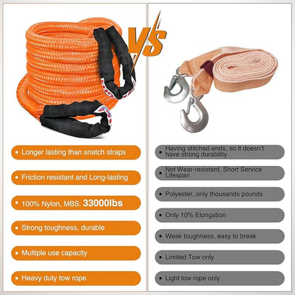 Nilight Kinetic Recovery Rope 33000 LBS 1" x 30ft Snatch Strap Heavy Duty Offroad Towing Starp Kit Vehicle Recovery kit for UTV ATV SUV Truck Car Jeep Tractor