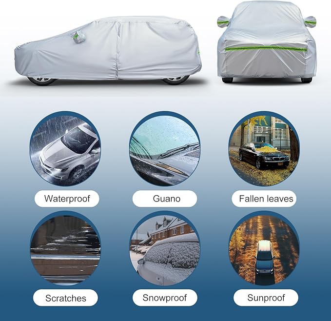 AUQDD 6-Layers Premium SUV Car Cover Waterproof All Weather Weatherproof UV Sun Protection Snow Dust Storm Resistant Outdoor Exterior Custom Form-Fit Full Padded Car Cover with Straps 198"-208" K9