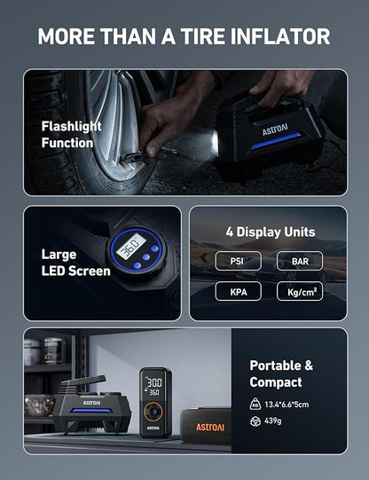 AstroAI Tire Inflator Portable Air Compressor Tire Air Pump for Car Tires - Car Accessories, 9.8Ft Cord-12V DC-Powered Auto Pump with Digital Pressure Gauge, LED Light for Bicycle, Balloons, Blue