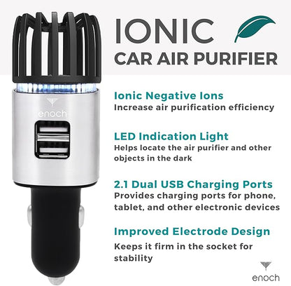 Enoch Car Air Purifier Premium Air Ionizer - 12V Plug-In Ionic Ozone Deodorizer Accessory with Dual USB Car Charger - Eliminates Cigarette Smoke, Pet and Food Odors, Dust (Gray Silver)