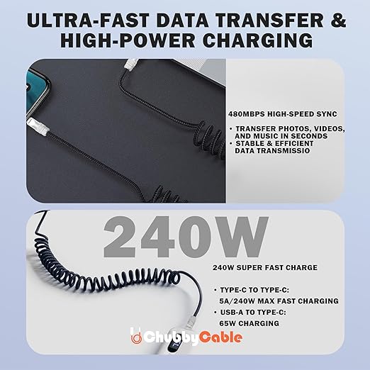 chubbycable Curly Chubby - Retractable Fast Charging Cable 240W Coiled Charger Cord for Car Durable USB-C Cable for Phones, Tablets and More, Red, Type-C to Type-C, 1.3FT-2.3FT