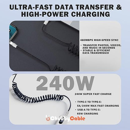 chubbycable Curly Chubby - Retractable Fast Charging Cable 240W Coiled Charger Cord for Car Durable USB-C Cable for Phones, Tablets and More, Black, USB-A to Type-C, 1.3FT-2.3FT