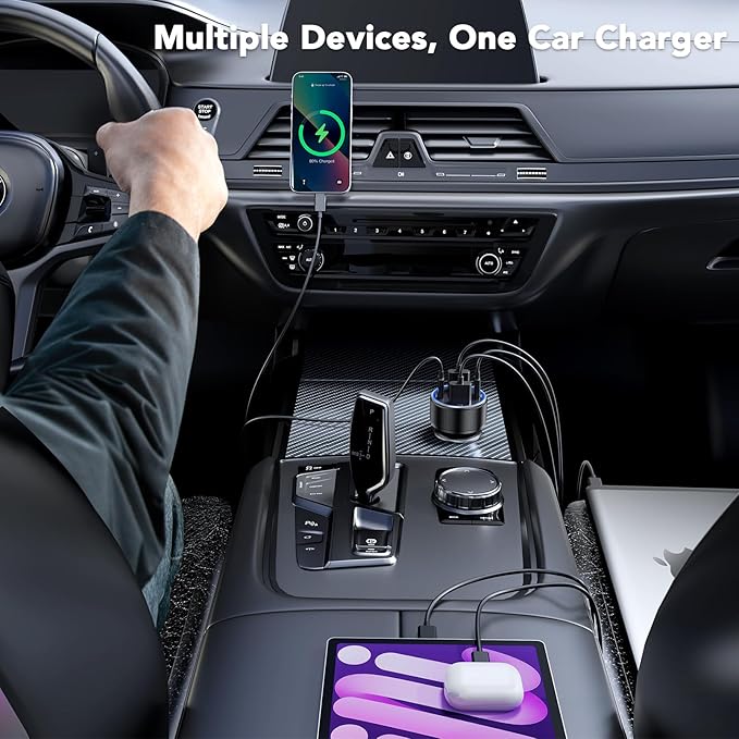 USB C Car Charger, Car Accessories for iPhone Aluminum Alloy Type C Car Charger Adapter Cigarette Lighter USB Charger Fast Charging for iPhone 16 15 14 13 Samsung Galaxy Google iPad Android