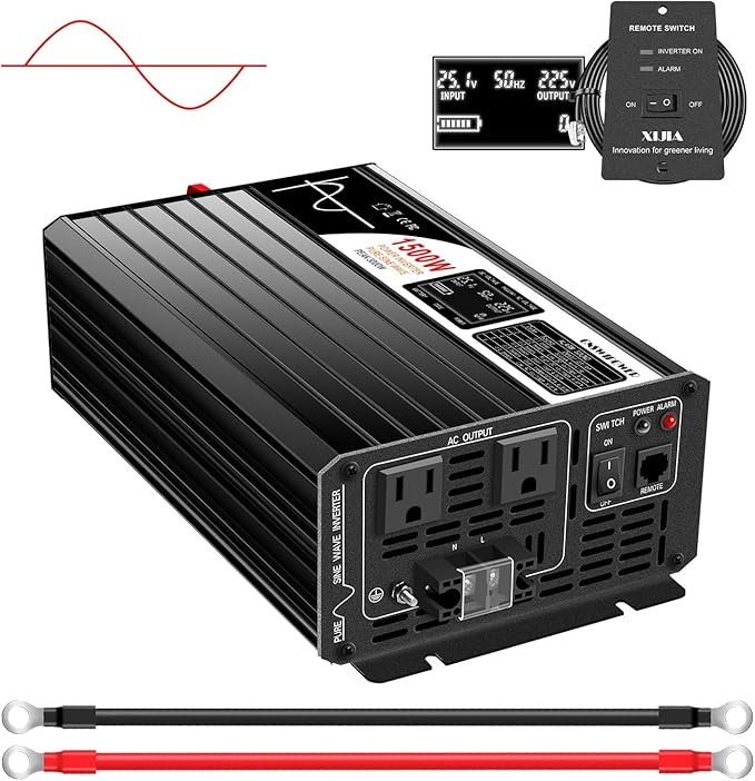 Xijia 1500W(Peak Power 3000W) Pure Sine Wave Solar Power DC 12V Inverter AC 120V 60HZ Solar Converter for Home Use car (DC12V (Range 10V-15V) 1500W)
