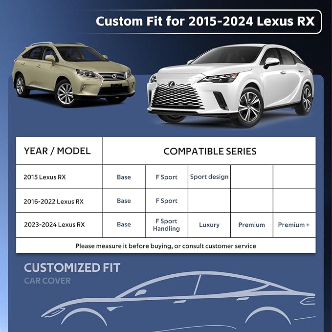 10 Layers SUV Car Cover Custom Fit for Lexus RX350 RX450 RX500(2015-2024) Waterproof All Weather for Automobiles, Outdoor Full Cover Sun UV Rain Protection with Cotton.Black