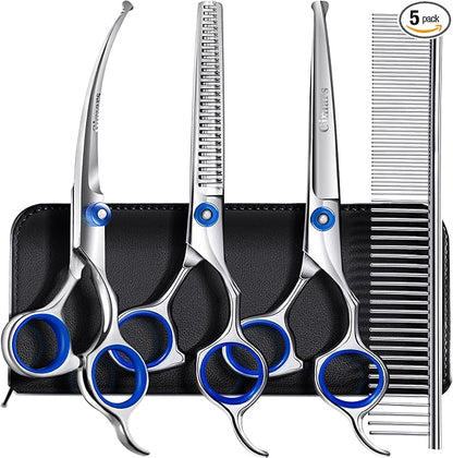 Gimars Professional 5 in 1 Grooming Scissors for Dogs 4CR with Safety Round Tip, Heavy Duty Titanium Coated Straight & Thinning & Curved Shears