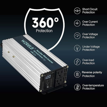 WZRELB 800W Pure Sine Wave Inverter 12V DC to 110V 120V AC Power Converter with LED Display, Off-Grid Portable Power Inverter with 2 AC Outlets for Home, RV, Truck, Camping