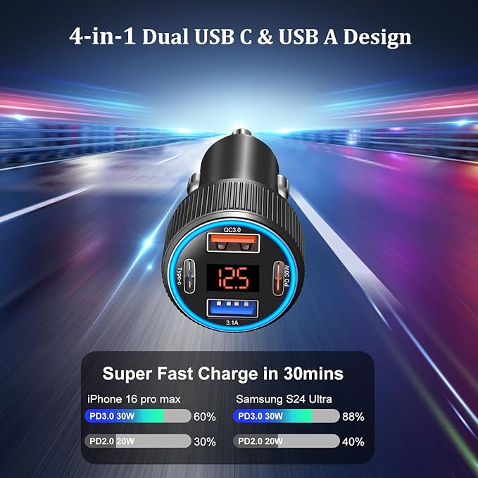USB C Car Charger, 3 Pack 65W Dual 12V Car Power Adapter with Voltmeter QC+PD 3.0 Multi Port Fast Charging Cigarette Lighter USB Charger for iPhone 16 15 14 13 12 Pad Pro Max, Android(Black Gray)