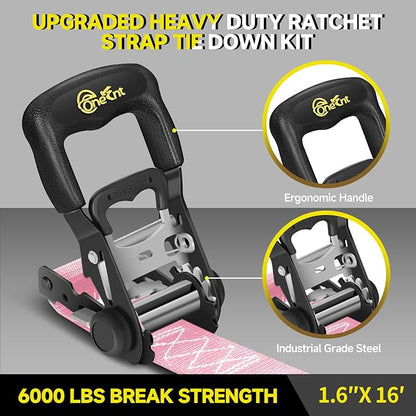 4Pcs Heavy Duty Ratchet Straps-1.6”x16ft Ratchet Strap Tie Down Kit with Padded Handles+Coated S Hooks+Soft Loop Tie-Downs-6000 Pound Break Strength（Pink）