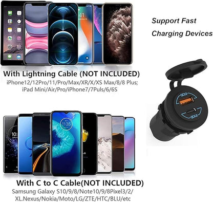 12V USB Outlet - 90W(Max) Dual Ports QC4.0 PD & Quick Charge3.0 Car Charger Socket with LED Indicator - Waterproof USB C Port for Car Boat Marine Motorcycle RV Truck ATV Golf Cart