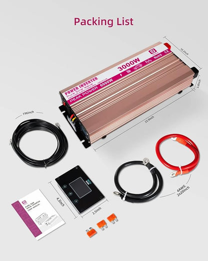CEJIA Power Inverter 3000W Pure sine Wave ac car Inverter Peak 6000watt 12V DC to 110V 120V AC with led Display,Remote Controller,Dual AC Outlets and 2x2.4A USB Ports for RV,Solar System Emergency