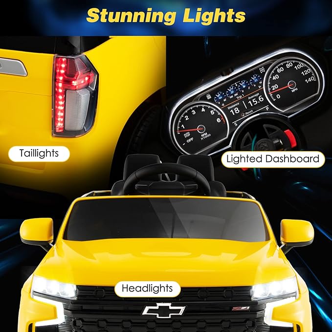 HONEY JOY Ride On Truck, 12V Licensed Chevrolet Tahoe, Chevy Electric Vehicle for Kids, Soft Start, Music, Lights, Battery Powered Ride On Car Toy with Remote Control, Gift for Boys Girls (Yellow)