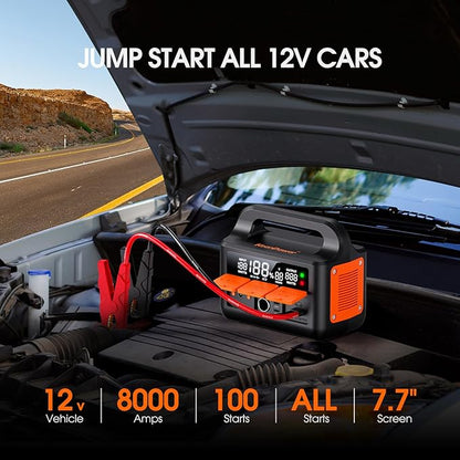 8000A LiFeMnPO4 Jump Starter for All 12V Cars, DC+PD 200W Two-Way Fast-Charging Portable Car Starter (PD Charger NOT Included), 30 Mins Full Charge, Powerful Jump Box w/Large Screen & Light