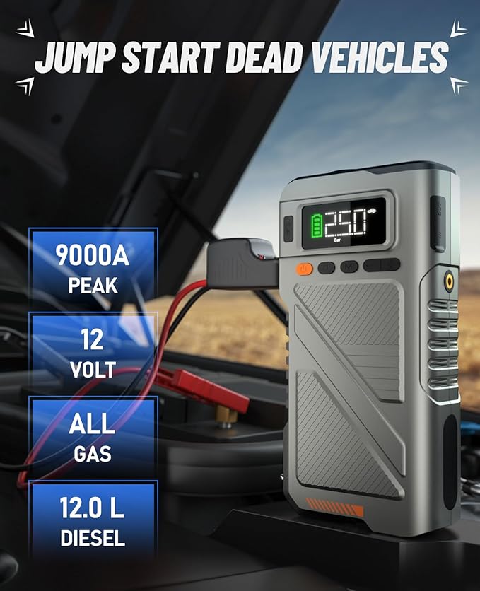 9000A Jump Starter with Air Compressor, Car Charger Portable Jump Box for Car with 150PSI Tire Inflator, Power Pack Jumpstart 12V Vehicle for All Gas/12L Diesel w/Extended Jumper Cable