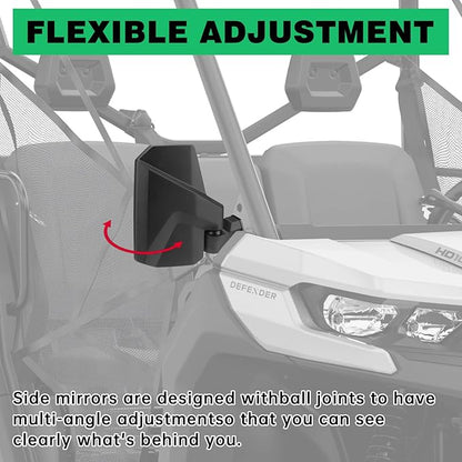 Defender Side Mirrors,The Spring Back Feature Allows Easy Reset After Fold,2024 New UTV Mirrors Compatible with Can Am Defender HD10 HD9 HD8 HD7 HD5,Suitable for No Door,Half Door,Full Door