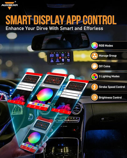 Auxbeam 8 Gang Switch Panel Bluetooth AR-800 RGB Switch Pod with Backlit Off Toggle Momentary Pulsed Auxiliary Switch Panel for Truck SUV ATV Marine RV Multifunction 12-24V Waterproof 2 Years Warranty