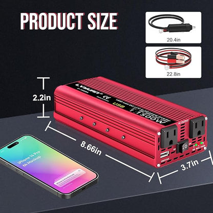 1000W Power Inverter 12V DC to 110V AC Car Plug Adapter Outlet Converter with Dual AC Outlet 3.4A USB 12 Volt Invertor Car Cigarette Lighter Inverter for Laptop Computer RV Truck